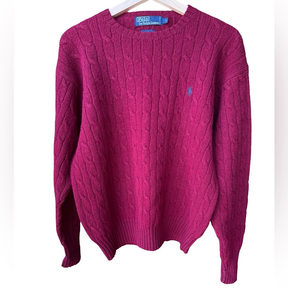 Vintage Polo Ralph Lauren Men’s 100% Wool Burgundy Cable Knit Sweater Size Small